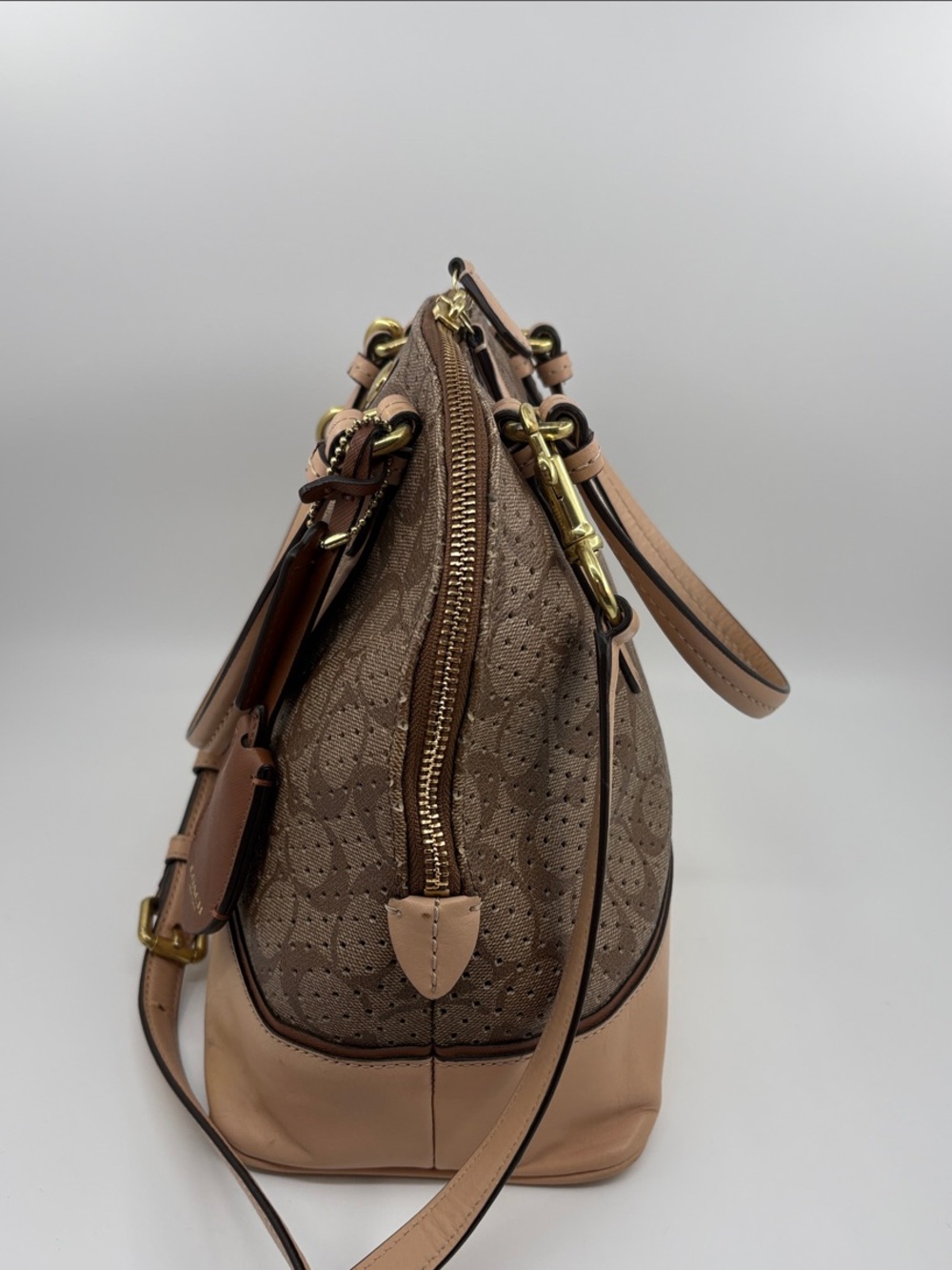 Coach Brown Perforated Signature Satchel with Tan Leather Trim - Picture 3 of 11